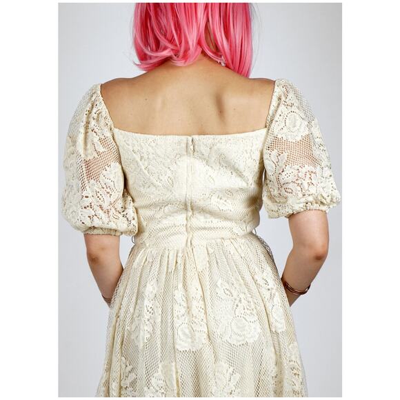 Vintage 1970s Lace Boho Dress w/ Balloon Sleeves by Lilli Diamond | Small - Picture 9 of 9